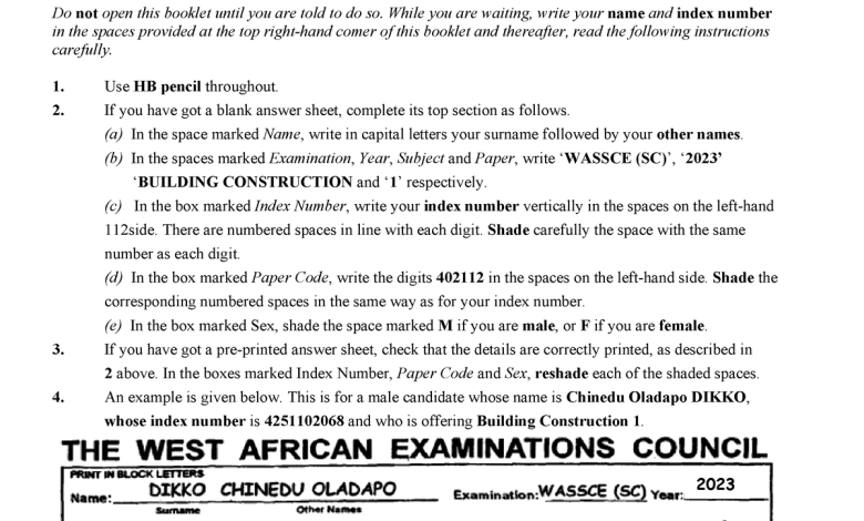 WAEC Building Construction Questions And Answers